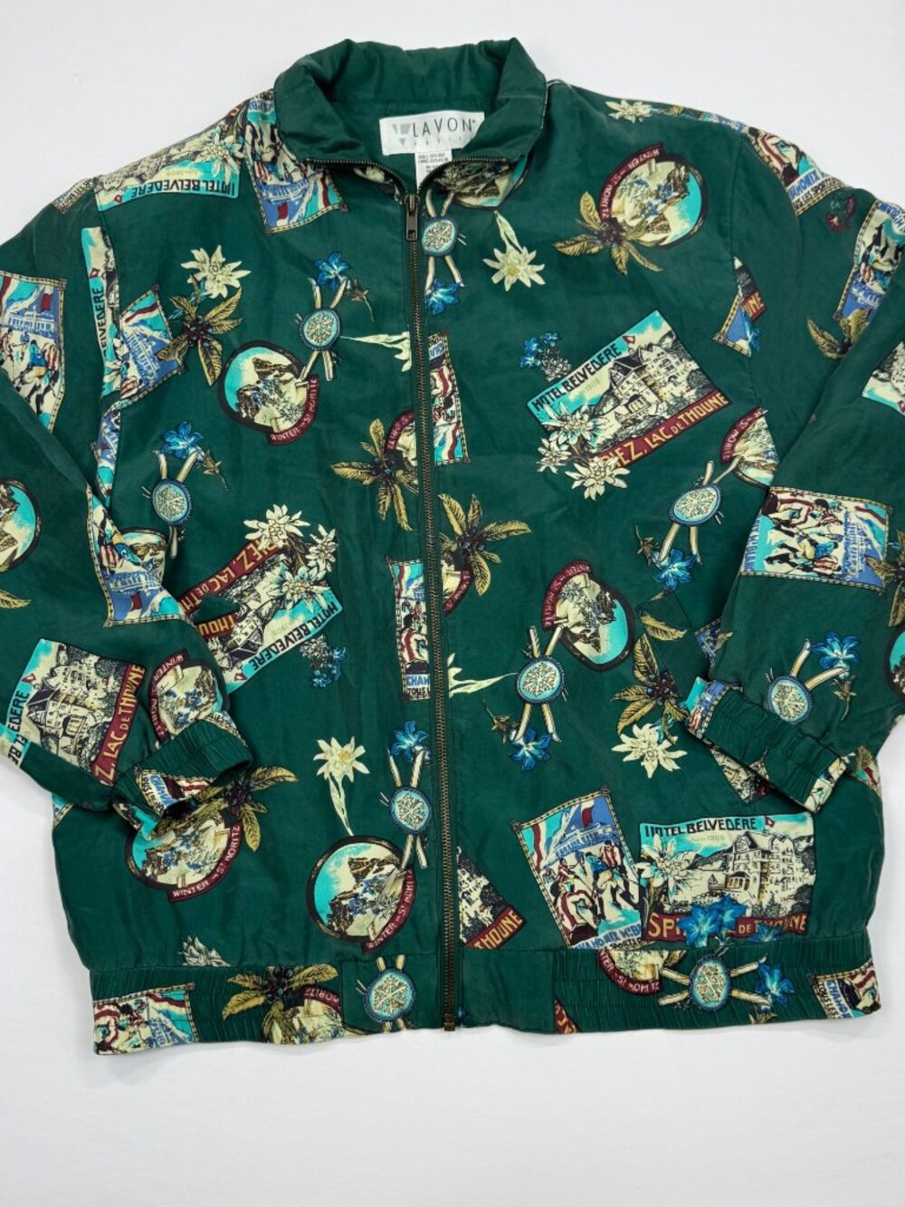 Lavon Womens Silk Bomber Jacket Green Size PM Oversized Postcard Motif - Picture 7 of 12